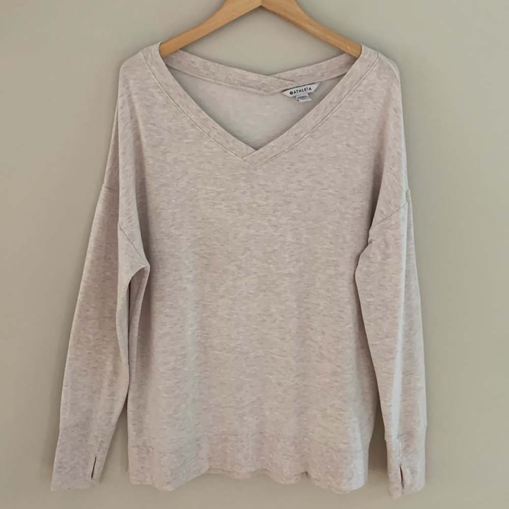 Athleta Coaster Luxe V-Neck Sweatshirt With Thumbholes XL Toasted Brown Heather
